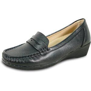 Women Black 3 Faux Leather Round Toe Removable Insole Wedge Slip-On Penny Loafer